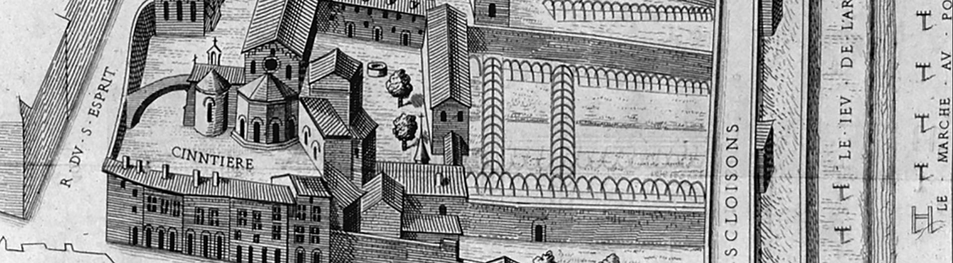 Plan scénographique de l'abbaye des dames de St pierre, sous le règne des rois François 1er et Henry 2 d'après le plan général de la Ville de Lyon, conservé aux Archives Municipales