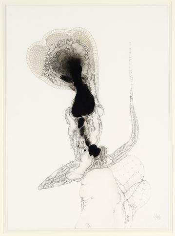 Fred Deux, La Patiente, 1972, Crayon graphite et peinture cellulosique sur papier 51 × 37 cm. Musée des Beaux-Arts de Lyon © ADAGP, Paris 2017. Image © Lyon MBA - Photo Alain Basset
