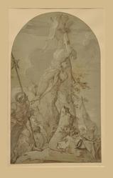 Louis Cretey, Soldat contemplant un martyr attaché à un arbre, Paris, École Nationale des Beaux-Arts, plume, encre brune, lavis brun, rehauts de blanc sur papier