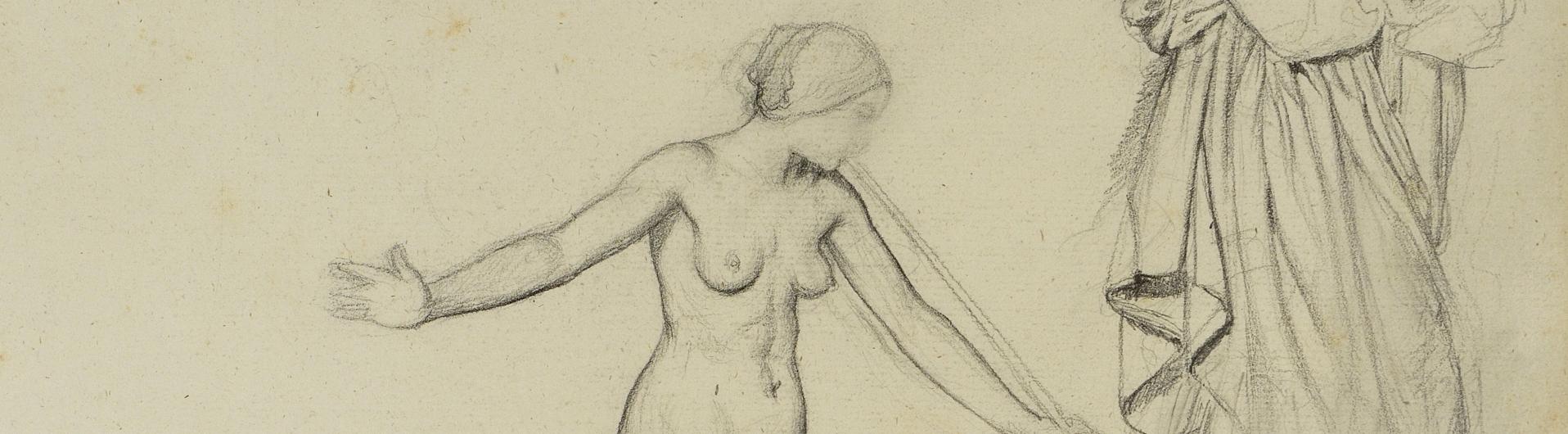 EDGAR DEGAS (1834-1917) Étude de jeune femme nue jouant de la trompe et deux études du corps drapé, pour Saint Jean-Baptiste et l’ange, vers 1857 crayon graphite sur papier, 26,5 x 38 cm