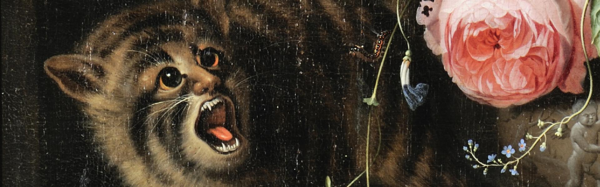 Abraham Mignon, Chat renversant un vase de fleurs (détail)