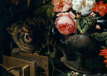 Chat renversant un vase de fleurs, Abraham Mignon
