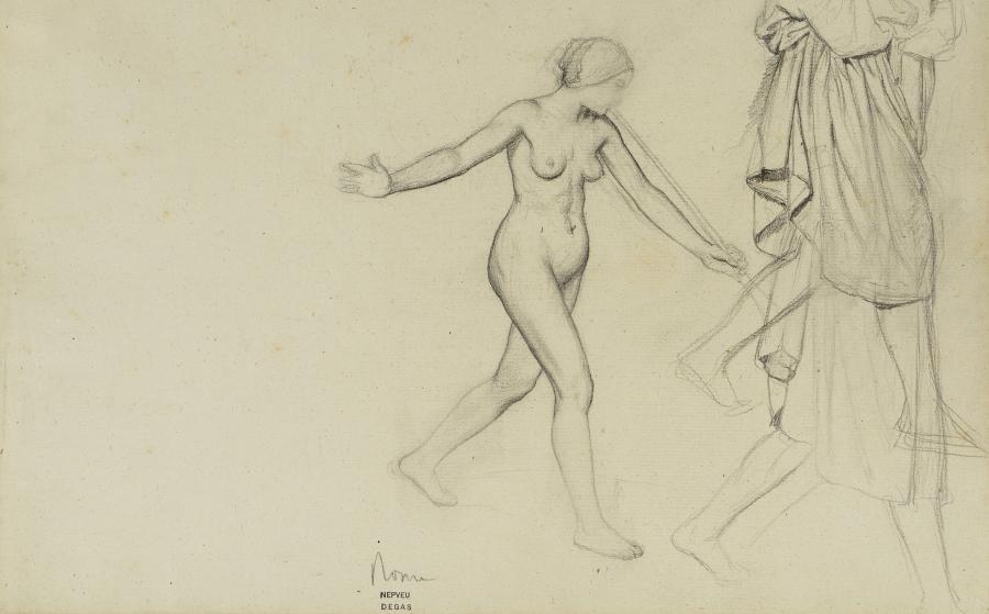EDGAR DEGAS (1834-1917) Étude de jeune femme nue jouant de la trompe et deux études du corps drapé, pour Saint Jean-Baptiste et l’ange, vers 1857 crayon graphite sur papier, 26,5 x 38 cm