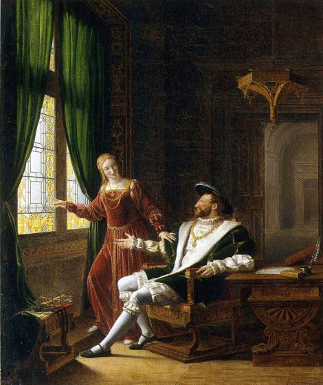 Fleury François Richard, François Ier montre à la reine de Navarre, sa sœur, les vers qu’il vient d’écrire sur une vitre avec son diamant, 1804, Arenenberg, Napoleon Museum