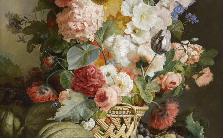 Antoine Berjon, Fruits et fleurs dans une corbeille d'osier, 1810.