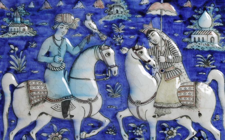 Carreau de revêtement, Un cavalier et une cavalière, XIXe siècle.