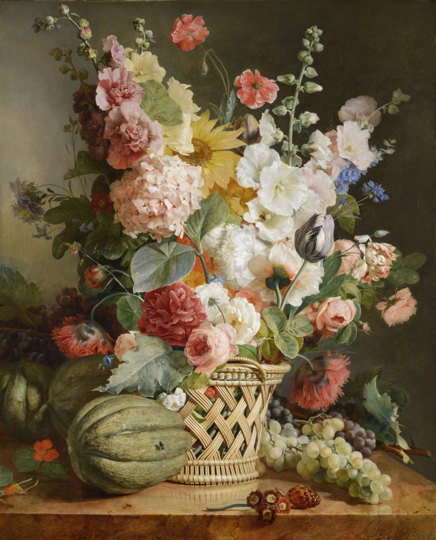 Antoine Berjon, Fruits et fleurs dans une corbeille d'osier, 1810.