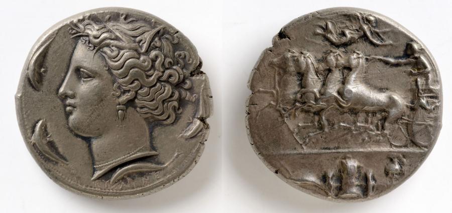 Grande Grèce, Evainète. Décadrachme de Syracuse, avers et revers. Vers 410 av. J.-C. 