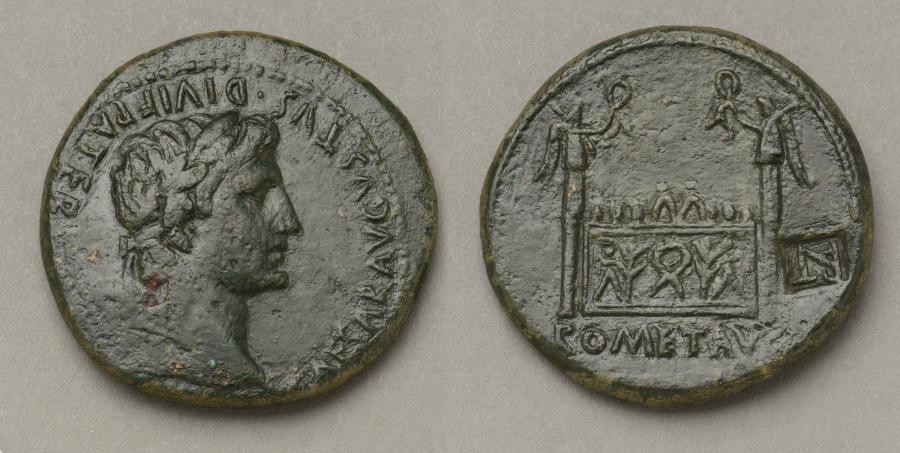 Lyon, Sesterce d'Auguste à l'autel des trois Gaules, Ier siècle ap. J.-C.