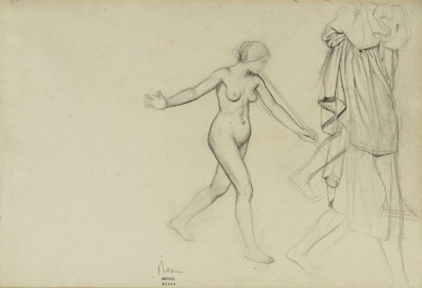 EDGAR DEGAS (1834-1917) Étude de jeune femme nue jouant de la trompe et deux études du corps drapé, pour Saint Jean-Baptiste et l’ange, vers 1857 crayon graphite sur papier, 26,5 x 38 cm